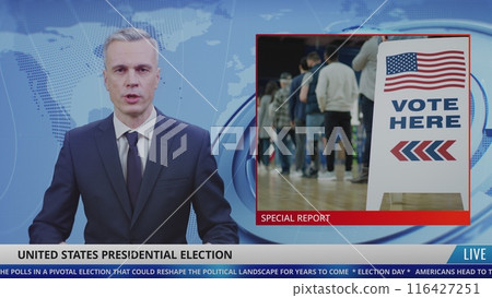 Male anchor in news studio reports live news about US Presidential Election 116427251