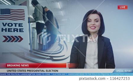 Female news anchor in studio reports news about US Election 116427253