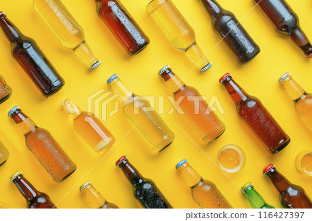 pattern of beers on yellow background. Ai generative 116427397