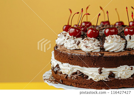 Black forest cake with dark chocolate, whipped cream and cherry on yellow background. Schwarzwald pie.. Ai generative 116427427