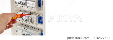 Hand Fixing Electrical Circuit Breaker, Copy Space for Text Hand Fixing Electrical Circuit Breaker, Copy Space for Text 116427428