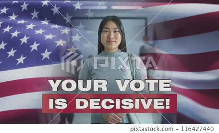 Asian US woman looks at camera. 3D animation of waving American flag 116427440