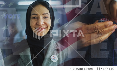 Muslim US woman smiles and looks at camera. 3D visual effect of waving American flag 116427450
