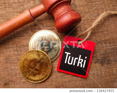 Word Turki with gavel and golden bitcoin digital crypto coin on wooden background 116427455