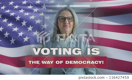 Mature American woman looks at camera after voting. 3D visual effect of waving US flag 116427459