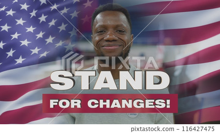 African American male voter and 3D graphics of waving American flag 116427475