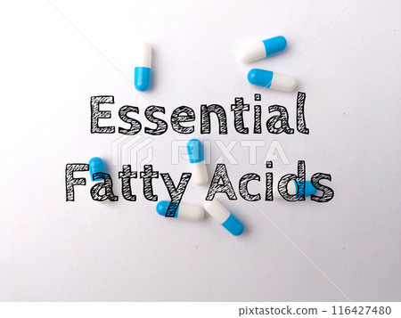 Top view pill capsule with text Essential Fatty Acids on white background. Top view pill capsule with text Essential Fatty Acids on white background. 116427480
