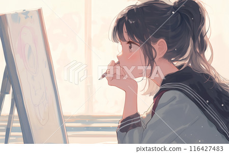 美術社成員一邊畫畫一邊憂心忡忡。 116427483