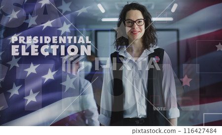 US woman looks at camera. 3D visual effect of waving American flag 116427484