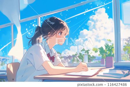 High school girls taking classes in a summer classroom High school girls taking classes in a summer classroom 116427486