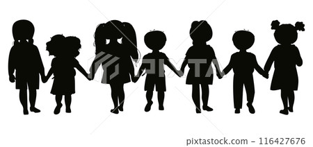 Childrens holding hands silhouette. 116427676