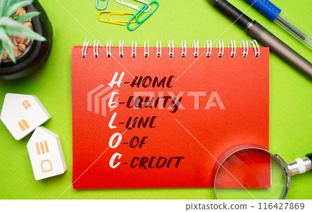 Heloc concept - Home equity line of credit. A line of credit extended to a homeowner that uses the borrowers home as collateral. Business and finance. Miniature houses, magnifying glass and notepad 116427869