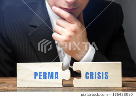 Permacrisis concept. Period of persistent instability and uncertainty, continuous and overlapping crises in various sectors economic, political, and social realms. Puzzles and a man 116428050