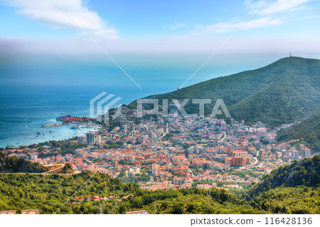 Captivating summer view of Adriatic sea coast and Budva city. 116428136