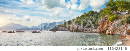 Captivating summer view of Adriatic sea coast in Budva Riviera near Przno village Captivating summer view of Adriatic sea coast in Budva Riviera near Przno village 116428146