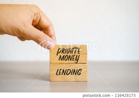 Private money lending. Providing loans to individuals or businesses by private entities or individuals rather than traditional financial institutions. Business and finance concept. Wood blocks and man 116428173
