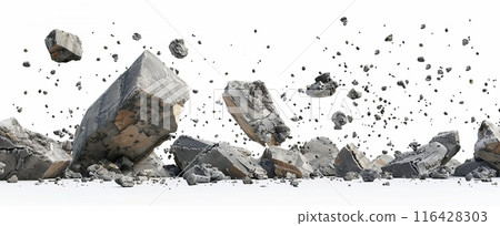 Falling stone. Pieces of cliff or soil splash on white background. Mountain pieces of boulder and dust. Broken earth debris. Impact and crash clay. Rock explosion 116428303