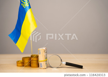 Magnifying glass near Ukrainian banknotes, coins and flag. The concept of the budget of Ukraine and the financial situation in the country. Money, investment and donation. Finding funding and help Magnifying glass near Ukrainian banknotes, coins and flag. The concept of the budget of Ukraine and the financial situation in the country. Money, investment and donation. Finding funding and help 116428313