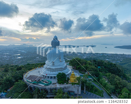 aerial view Phuket big Buddha in cloudy sky at sunrise. 116428332