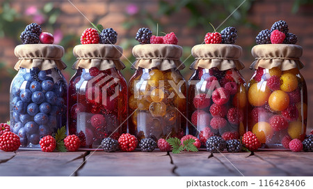 Assortment of summer seasonal berry and fruits jams in jars, homemade preserving concept 116428406