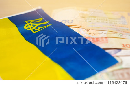 Flag on Ukrainian hryvnia. The concept of the budget of Ukraine and financial and economic situation. Blurred, selective focus Flag on Ukrainian hryvnia. The concept of the budget of Ukraine and financial and economic situation. Blurred, selective focus 116428476
