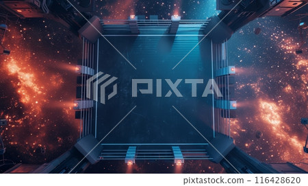 Top view of a boxing ring with space-themed illumination and cosmic backdrop. Top view of a boxing ring with space-themed illumination and cosmic backdrop. 116428620
