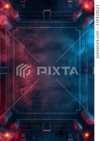 Empty neon-lit boxing ring with a surreal cosmic starfield background. Empty neon-lit boxing ring with a surreal cosmic starfield background. 116428622