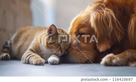 Golden retriever and tabby cat lying together, exemplifying interspecies friendship and comfort. Golden retriever and tabby cat lying together, exemplifying interspecies friendship and comfort. 116428697