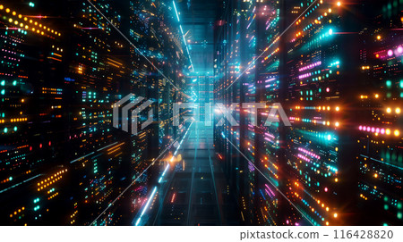 Illuminated Server Room with Blinking Lights and Humming Machinery. Concept: Boundless Digital Connectivity 116428820