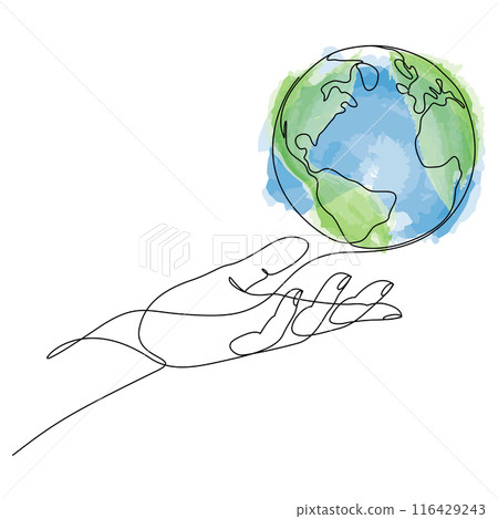 Continuous line drawing of human hand holding world planet earth. Minimal style vector illustration. 116429243