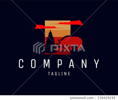 the silhouette of a rhinoceros logo in the middle of a forest appears from the side with great inspiration. it looks so beautiful with the amazing red sky. best for logo, badge, emblem, icon, sticker  116429248
