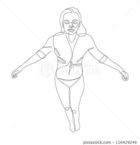 Calm woman levitates in the air - one continuous line drawing. Vector illustration. Editable stroke. Calm woman levitates in the air - one continuous line drawing. Vector illustration. Editable stroke. 116429249