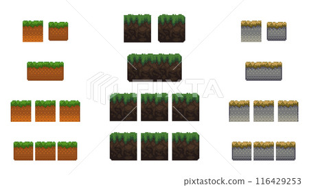 Pixel art ground platform tile set. Different square texture grid collection. Isolated vector sprites for game development or mobile app. 116429253