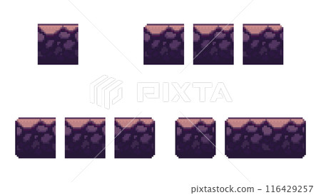 Pixel art ground platform set. Cave land and game props. Retro 8-bit dungeon tile. Isolated vector sprite set. Pixel art ground platform set. Cave land and game props. Retro 8-bit dungeon tile. Isolated vector sprite set. 116429257