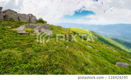 alpine scenery of ukrainian carpathians. grassy hills and meadow. mountainous landscape with huge stones on the hillside alpine scenery of ukrainian carpathians. grassy hills and meadow. mountainous landscape with huge stones on the hillside 116429295