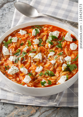 One-pot Greek orzo kritharaki with tomatoes and Feta cheese is a delicious weeknight dish and a comfort food in Greece closeup on the plate. Vertical 116429373