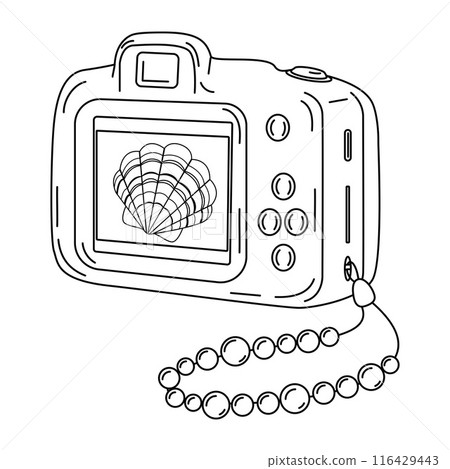 Digital Camera photography. Hand drawn line art flat style coloring page Digital Camera photography. Hand drawn line art flat style coloring page 116429443
