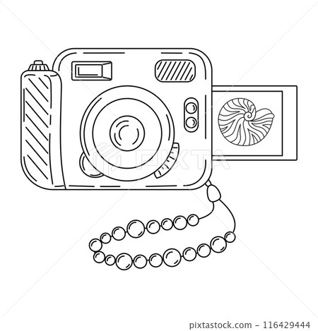 Instant camera device line art. Hand drawn doodle style coloring page Instant camera device line art. Hand drawn doodle style coloring page 116429444