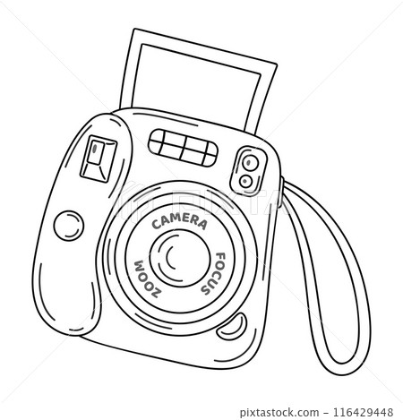 Instant camera device line art. Hand drawn doodle style coloring page 116429448