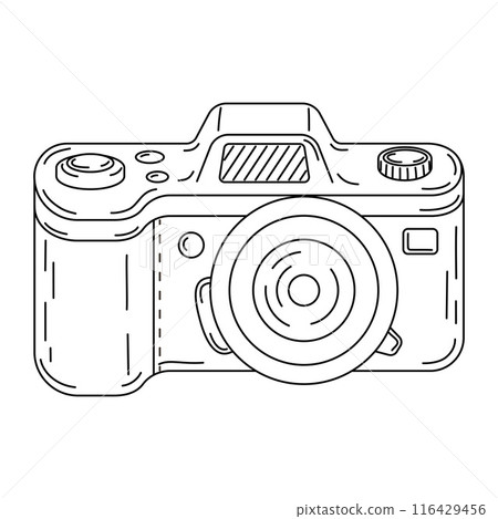 Digital Camera photography. Hand drawn line art flat style coloring page Digital Camera photography. Hand drawn line art flat style coloring page 116429456