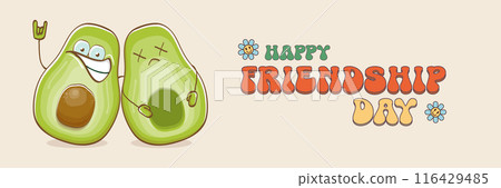 Happy friendship day cartoon comic horizontal banner with two funky avocado friends and GROOVY TEXT isolated on background. Friendship day funky greeting card, sticker, logo, party flyerr. BFF concept Happy friendship day cartoon comic horizontal banner with two funky avocado friends and GROOVY TEXT isolated on background. Friendship day funky greeting card, sticker, logo, party flyerr. BFF concept 116429485