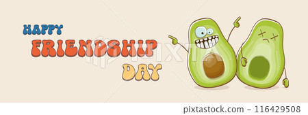 Happy friendship day cartoon comic horizontal banner with two funky avocado friends and GROOVY TEXT isolated on background. Friendship day funky greeting card, sticker, logo, party flyerr. BFF concept 116429508