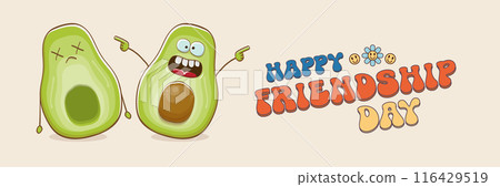 Happy friendship day cartoon comic horizontal banner with two funky avocado friends and GROOVY TEXT isolated on background. Friendship day funky greeting card, sticker, logo, party flyerr. BFF concept 116429519