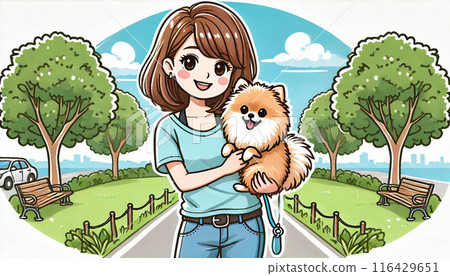 A woman posing in the park while holding a Pomeranian 116429651