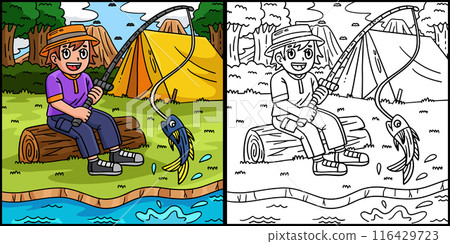 Camping Camper Fishing Coloring Page Illustration Camping Camper Fishing Coloring Page Illustration 116429723