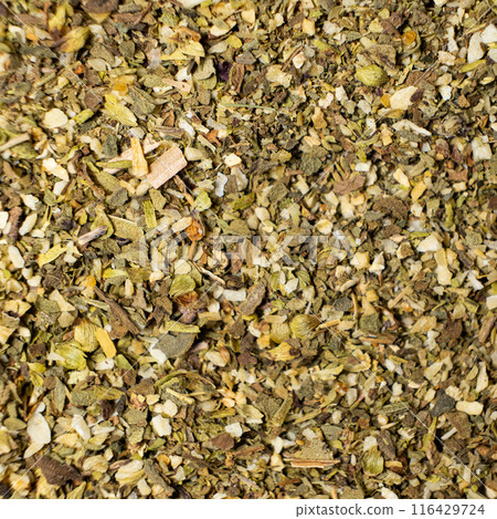 Herb blend seasoning of oregano, basil, onion, garlic and thyme, macro, top view. 116429724