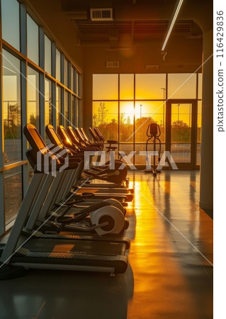 Empty treadmills in a gym bask in the golden light of a setting sun streaming through tall windows. 116429836