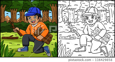 Camping Camper Gathering Wood Illustration 116429858