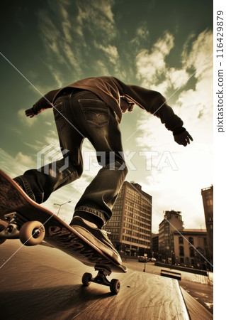 Skateboarder captured in a dynamic pose against an urban skyline at sunset. Skateboarder captured in a dynamic pose against an urban skyline at sunset. 116429879