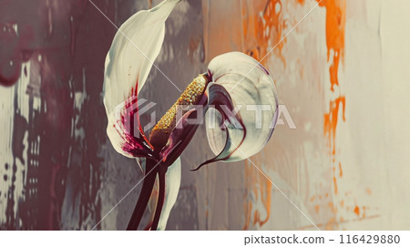 Blooming white anthurium flower with a vibrant red center against a colorful backdrop Blooming white anthurium flower with a vibrant red center against a colorful backdrop 116429880